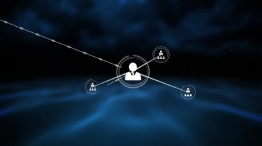 Simgelerle bağlantı ağının animasyonu. Dijital olarak oluşturulmuş küresel bağlantılar, hesaplama ve veri işleme kavramı.