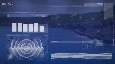 Animation of financial data processing over landscape. Global business, finances, computing and data processing concept digitally generated video.