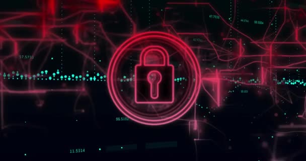 セキュリティ南京錠のアイコンと黒の背景に赤いライトトレイル上のデータ処理のアニメーション サイバーセキュリティとビジネステクノロジーの概念 — ストック動画