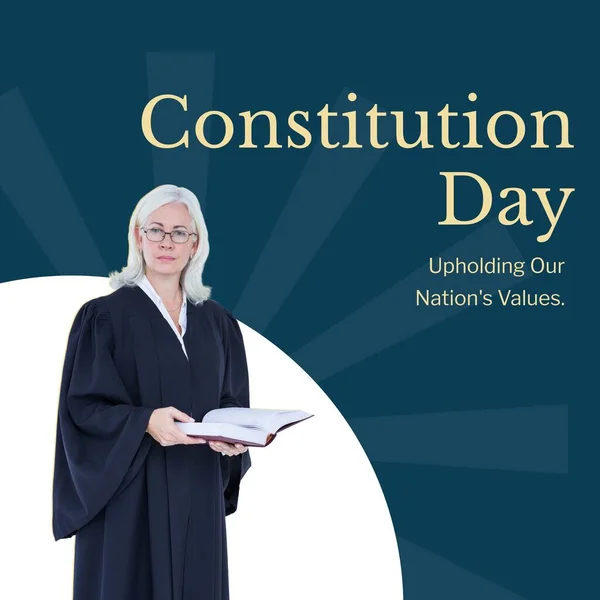 Constitution day, our nation\'s values text and senior caucasian female attorney on blue background. American constitution day, equality, rights and freedoms celebration digitally generated image.