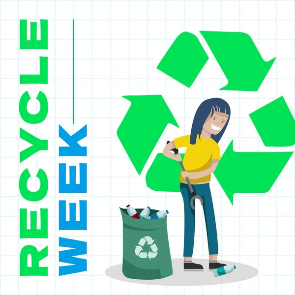 Reciclar Texto Semana Com Símbolo Reciclagem Mulher Biracial Coleta Reciclagem — Fotografia de Stock