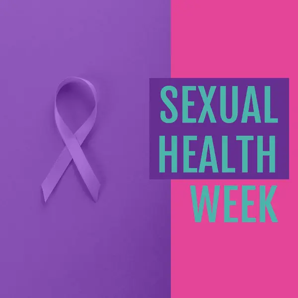 Text Týdne Sexuálního Zdraví Modré Fialovou Stuhou Fialovém Růžovém Pozadí — Stock fotografie
