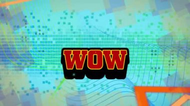 Yeşil arkaplandaki neon şekiller yerine wow metninin animasyonu. Dijital olarak oluşturulmuş video oyunu, bağlantılar, hesaplama ve veri işleme kavramı.