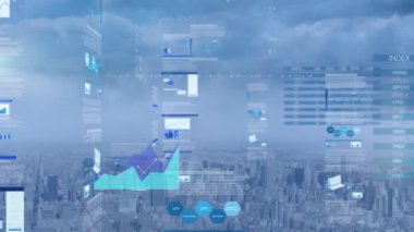 Şehir manzarasının havadan görüntüsüne karşı istatistiksel veri işleme animasyonu. Bilgisayar arayüzü ve iş veri teknolojisi kavramı