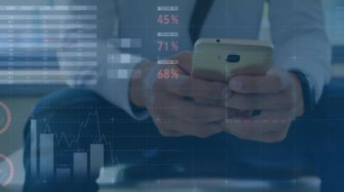 Animation of financial data processing over biracial businessman using smartphone. Global business, finances, computing and data processing concept digitally generated video.