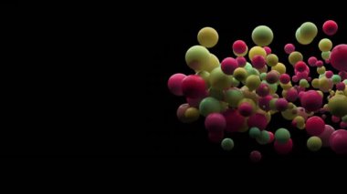 Çok renkli topların animasyonu ve siyah arkaplanda kopyalama alanı. Renk, şekil ve hareket konsepti dijital olarak oluşturulmuş video.