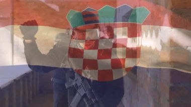 Çeşitli askerlerin üzerinde Hırvat bayrağının canlandırılması. Hırvat vatanseverliği, silahlı kuvvetler ve dijital olarak üretilen ulusal savunma konsepti.