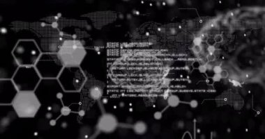 DNA dizisi ve insan beyninin animasyonu. Siyah arkaplan üzerinde veri işleniyor. Küresel bilim, araştırma, hesaplama ve veri işleme kavramı dijital olarak oluşturulmuş video.