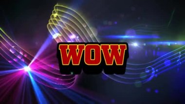 Siyah arkaplandaki neon şekiller yerine wow metninin animasyonu. Dijital olarak oluşturulmuş video oyunu, bağlantılar, hesaplama ve veri işleme kavramı.