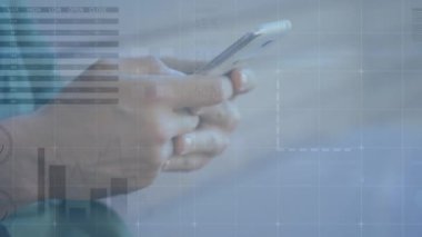 Animation of financial data processing over caucasian businessman using smartphone. Global business, finances, computing and data processing concept digitally generated video.