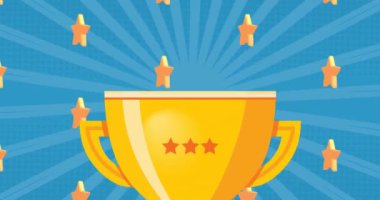 Mavi çizgiler üzerinde dönen altın kupa ve yıldızların animasyonu. Dijital olarak üretilen video kazanma ve kutlama konsepti.