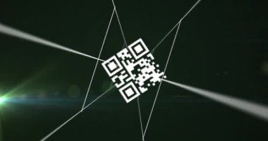 Koyu arkaplan üzerinde qr kodu ve veri işleme animasyonu. Dijital arayüz, hesaplama ve veri işleme kavramı dijital olarak oluşturuldu.