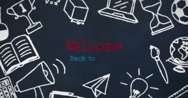 Okul metinlerine ve okul simgelerine hoş geldin animasyonu siyah arka planda. Dijital olarak üretilen eğitim, bilgisayar ve veri işleme kavramı.