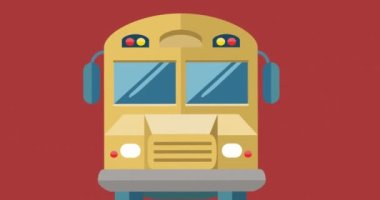 Kırmızı arka planda okul otobüsü simgesi canlandırması. Küresel eğitim, bilgisayar ve veri işleme kavramı dijital olarak oluşturulmuş video.