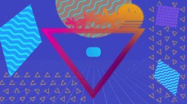 Soyut şekilli arka planda palmiye dişisiyle neon üçgenin animasyonu. Renk, şekil, soyut ve hareket konsepti dijital olarak oluşturulmuş video.