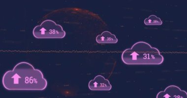 Bulut yükleme simgeleri ve veri işleme animasyonları mavi arka planda. Küresel ağ ve bulut veri depolama teknolojisi kavramı