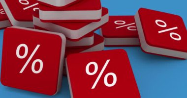 Yüzde sembolünün mavi arka planda 3d kare şeklinde canlandırılması. İndirim ve perakende iş konsepti