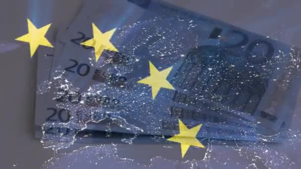 Κινούμενη Σημαία Της Ευρωπαϊκής Ένωσης Ευρώ Και Επεξεργασία Οικονομικών Δεδομένων — Αρχείο Βίντεο