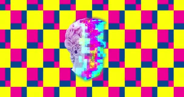 Animasi Patung Kepala Pixelating Pada Pola Persegi Latar Belakang Pola — Stok Video