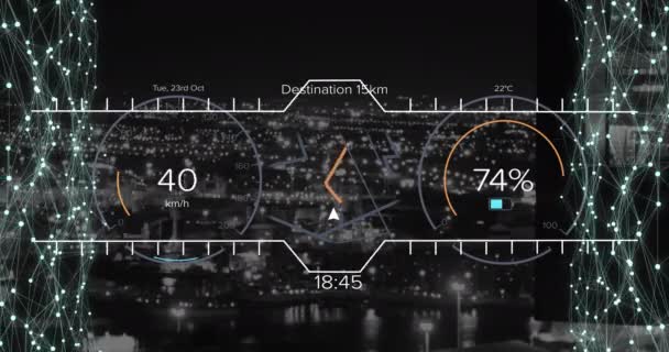 电动汽车数据处理在城市景观上的动画化 全球商业 数字接口 计算和数据处理概念 — 图库视频影像