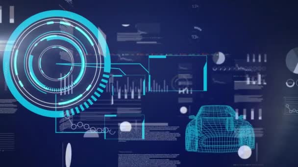 回転車モデルに対するデータ処理とインターフェイス上のネオンラウンドスキャナのアニメーション 自動車工学とインターフェース技術の概念 — ストック動画