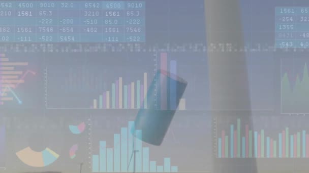 Анимация Обработки Статистических Данных Цилиндрической Формы Плавающей Над Вращающимися Ветряными — стоковое видео