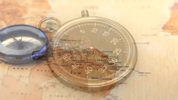 Animación Del Reloj Marcando Sobre Mapa Viajes Globales Geografía Negocios — Vídeos de Stock