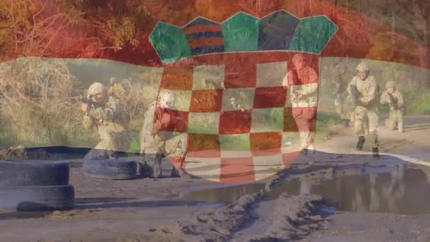 Animazione Della Bandiera Della Croazia Diversi Soldati Patriottismo Croato Forze — Video Stock