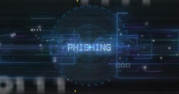 Animation Von Phishing Text Und Datenverarbeitung Über Die Leiterplatte Auf — Stockvideo