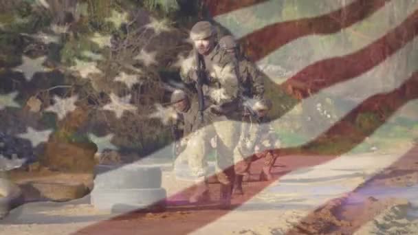 Animation Flagga Usa Över Olika Soldater Amerikansk Patriotism Väpnade Styrkor — Stockvideo