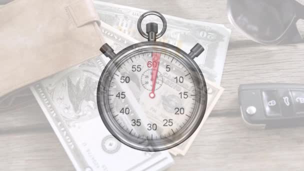 Анимация Стоп Часов Тикающих Над Банкнотами Долларах Сша Мировая Валюта — стоковое видео