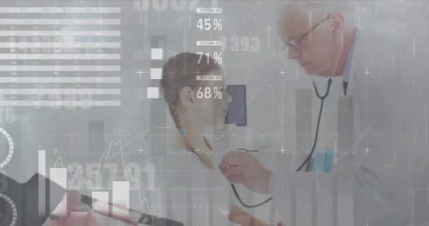 Animation Data Processing Caucasian Male Doctor Patient Global Medicine Healthcare — Stock Video