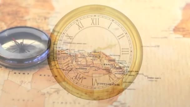 Animazione Orologio Ticchettio Bussola Mappa Concetto Globale Viaggi Geografia Affari — Video Stock
