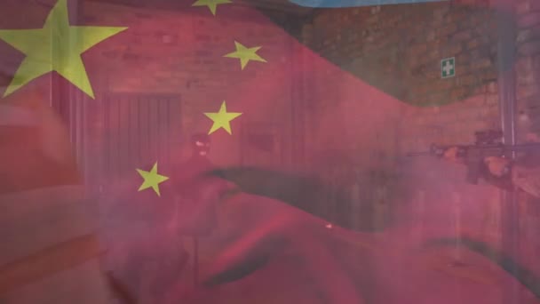 Animace Vlajky Usa Číny Nad Různými Vojáky Americký Patriotismus Ozbrojené — Stock video