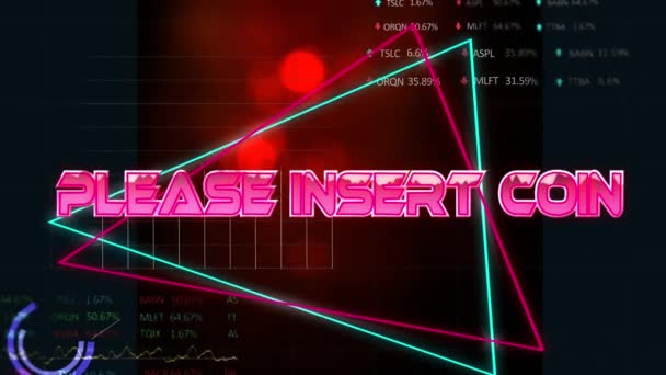 Animation Please Insert Coin Neon Shapes Data Processing Global Video — Stock Video