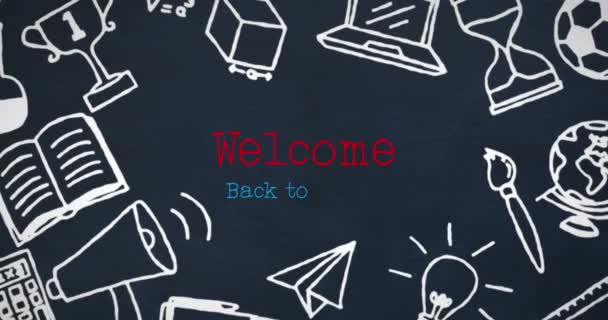 黒の背景に学校のテキストや学校のアイコンに戻って歓迎のアニメーション コンピューティング データ処理の概念デジタルで生成されたビデオ — ストック動画
