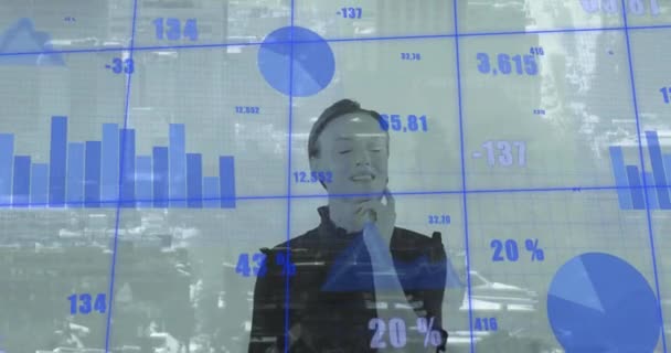 Animation Financial Data Processing Caucasian Businesswoman Global Business Finances Computing — Vídeo de stock