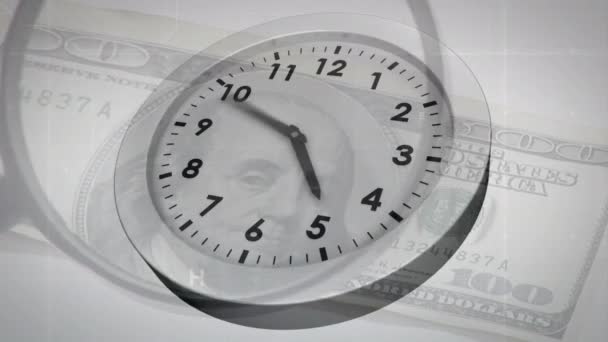 Анимация Тиканья Часов Увеличительного Стекла Над Банкнотой Долларах Сша Мировая — стоковое видео