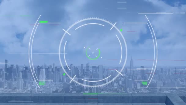 Animacja Efektu Usterki Zakresu Skanowania Nad Powietrznym Widokiem Pejzażu Miejskiego — Wideo stockowe
