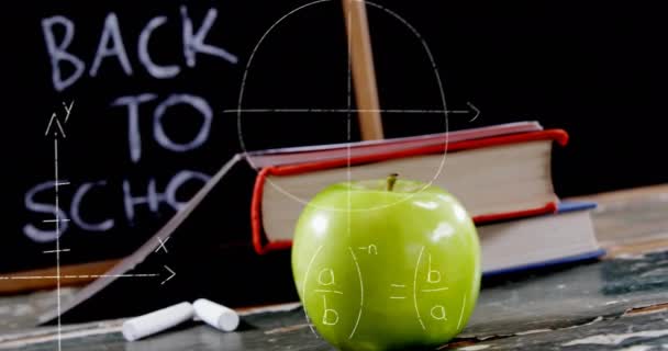 Animación Del Texto Regreso Escuela Sobre Manzana Verde Libros Sobre — Vídeo de stock