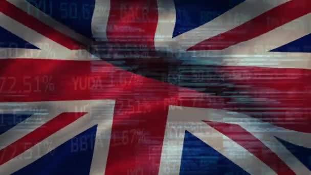 Animace Zpracování Finančních Dat Přes Vlajku Velké Británie Globální Obchod — Stock video