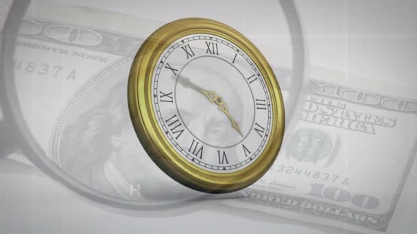 时钟定时器和放大镜在美元钞票上的动画 全球货币 计算和数据处理概念 — 图库视频影像