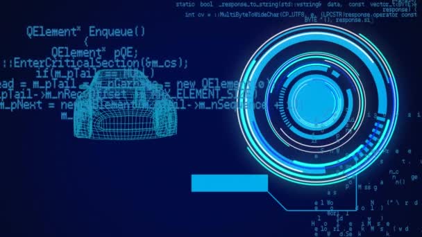 回転車モデルに対するデータ処理とインターフェイス上のネオンラウンドスキャナのアニメーション 自動車工学とインターフェース技術の概念 — ストック動画