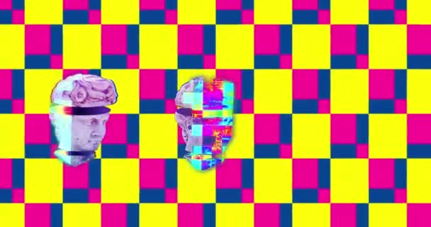 Animation Dreier Kopfskulpturen Die Auf Quadratischem Hintergrund Leuchten Muster Farbe — Stockvideo