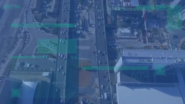 Animação Processamento Dados Estatísticos Contra Visão Aérea Estrada Cidade Interface — Vídeo de Stock