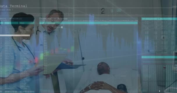 Animation Data Processing Diverse Doctors Patient Global Medicine Healthcare Services — Stock Video