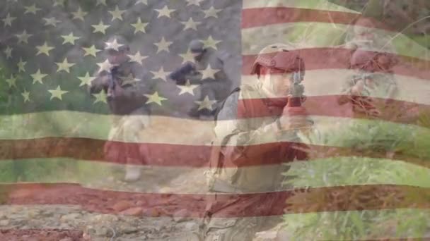 Animatie Van Vlag Van Diverse Soldaten Amerikaans Patriottisme Strijdkrachten Defensieconcept — Stockvideo