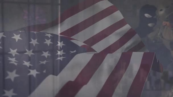 Animace Vlajky Nás Nad Různými Vojáky Americký Patriotismus Ozbrojené Síly — Stock video