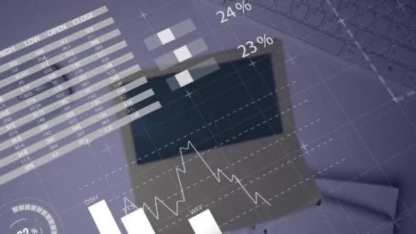 Animation Der Finanzdatenverarbeitung Über Büroschreibtisch Globales Geschäfts Finanz Rechen Und — Stockvideo