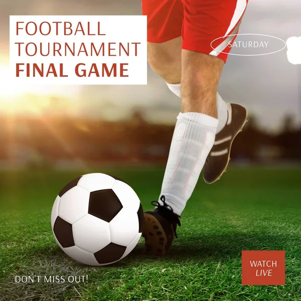 Torneio Futebol Texto Final Jogo Sobre Pernas Jogador Masculino Caucasiano — Fotografia de Stock